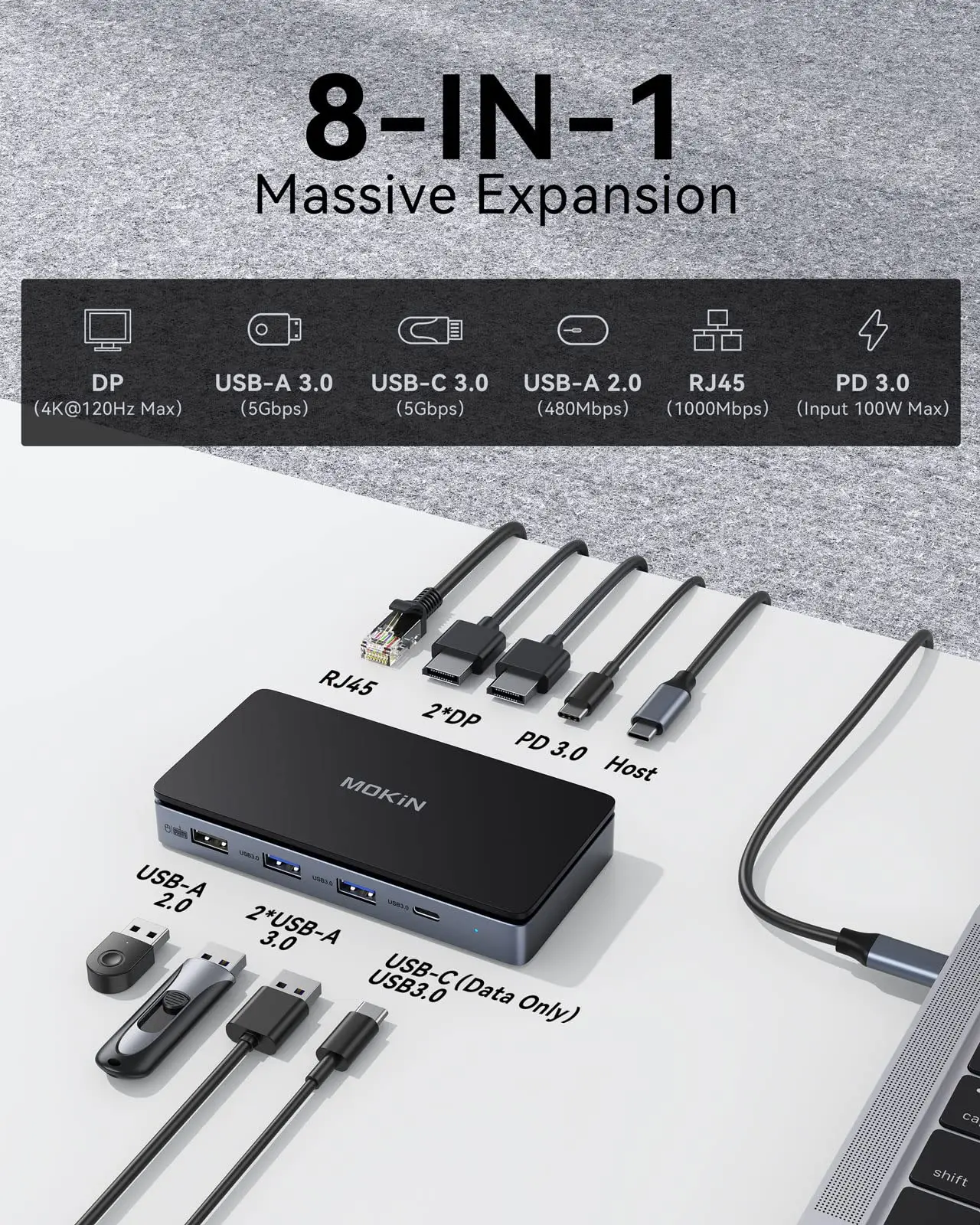 Док-станция USB C с двумя DisplayPort, док-станция для ноутбука 8 в 1 с двумя мониторами, 2 DP 4K@60Hz, гигабитный Ethernet, 100W PD.