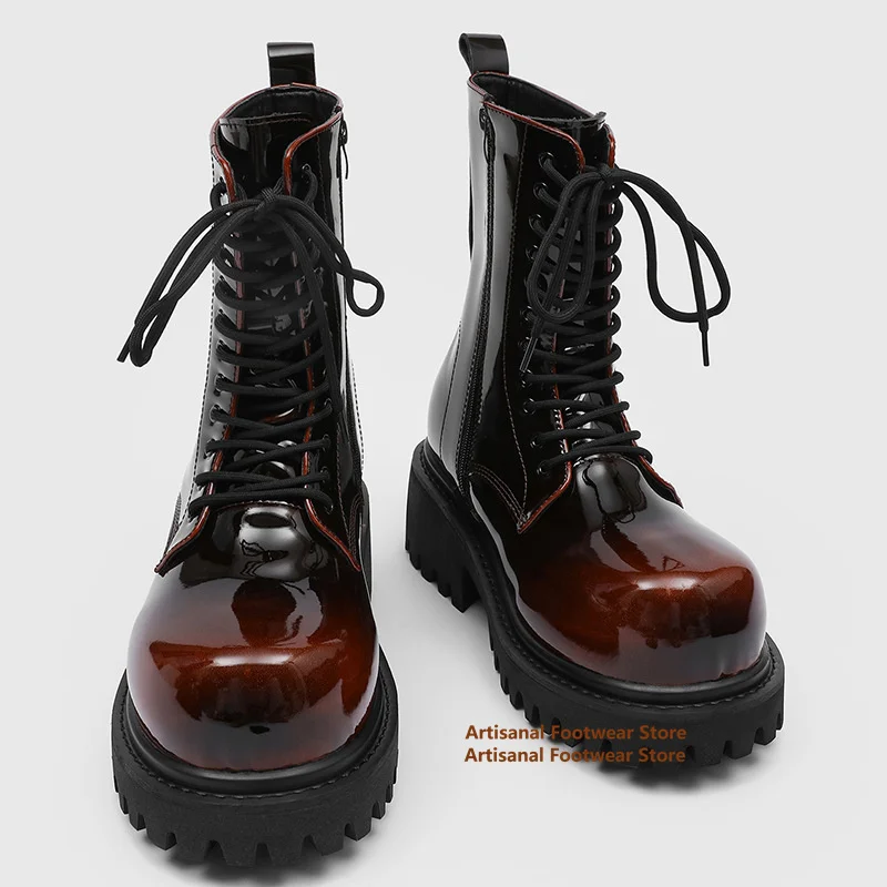 Gradient Colored Patent Leather Men's Boots British Style Side Zipper Boots Trendy Luxury Men's Shoes New In Botas Mujer