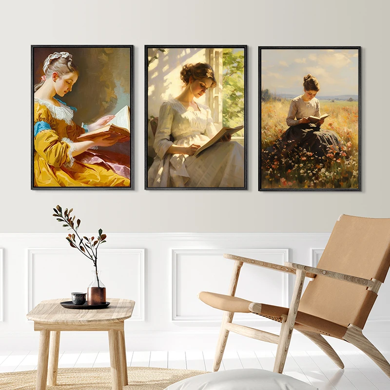 Antique Portrait Woman Reading Book Poster Vintage Still Life Muted Tones Canvas Painting Wall Art Study Room Bedroom Home Decor