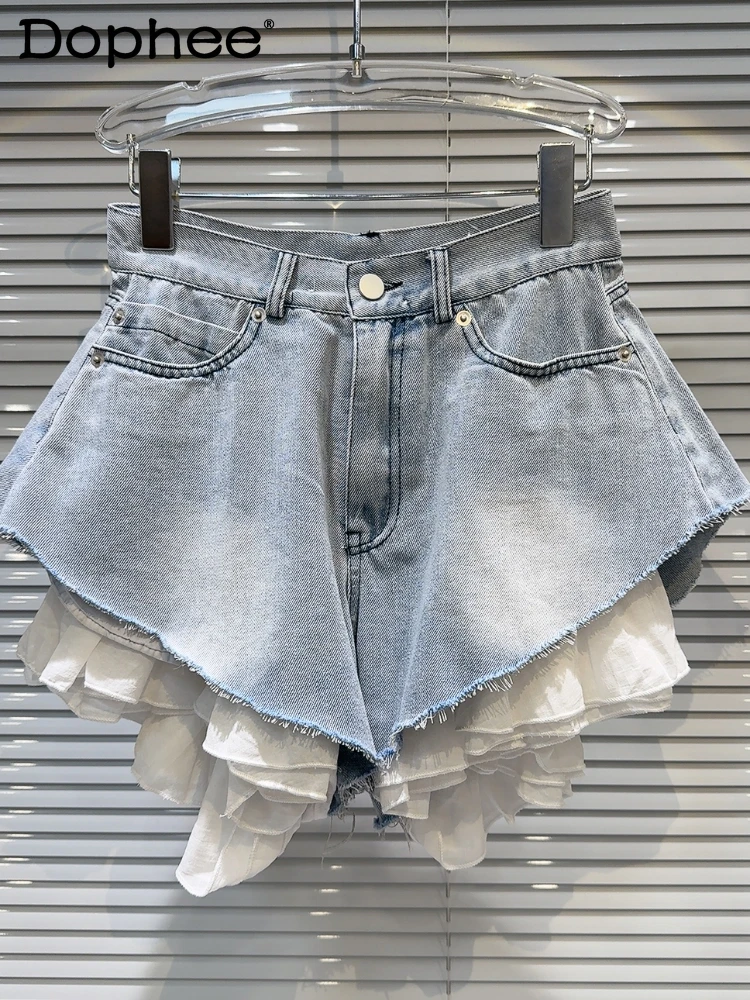 

Women Shorts 2024 Summer Lotus Leaf Hem Stitching Washed White Beveled Edge Wide-Leg Denim Shorts Female Student Booty Shorts