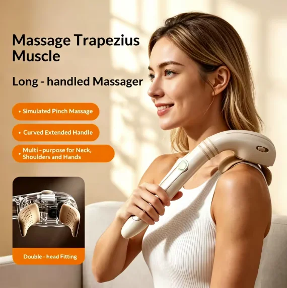 3D Clamping Long‑Handle Handheld Shoulder Neck Massager Simulated Kneading for Trapezius Muscle