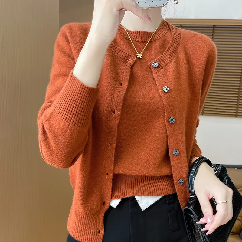 Women 100% Merino Wool Two Piece Set Sweater O-neck Long Sleeve Cardigan and Short Sleeve Pullover All Seasons Cashmere Knit Top