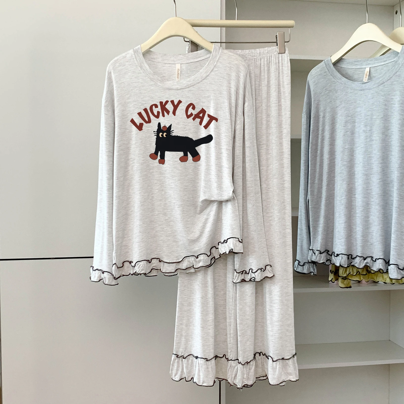 

5174-02 Модальная хлопковая пижама с круглым вырезом и длинными рукавами, длинные брюки для женщин, весенне-осенняя тонкая свободная мягкая удобная домашняя одежда