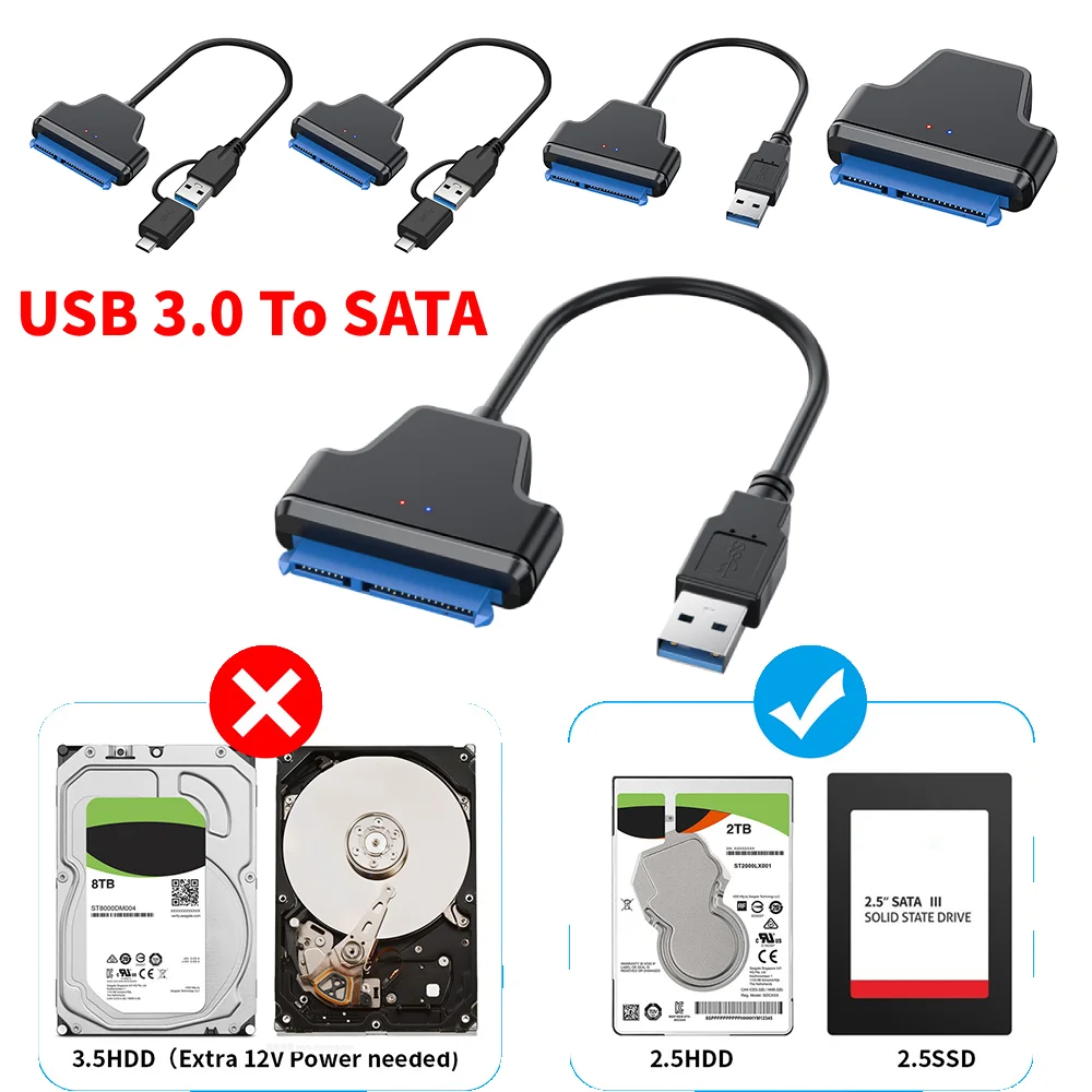 USB 3.0 Adapter Cable 20/50CM Hard Disk Converter Cable USB 3.0 Type C 22 Pin SATA Cable Up To 6 Gbps For 2.5 Inch External SSD