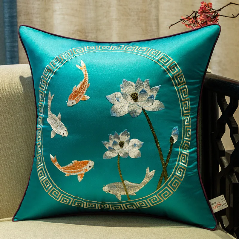 Cushion Cover Decorative Pillow Case 50x50 New Chinese Luxury Silk Embroidery Bird Flora Elegant Coussin Sofa Bedding Decoration