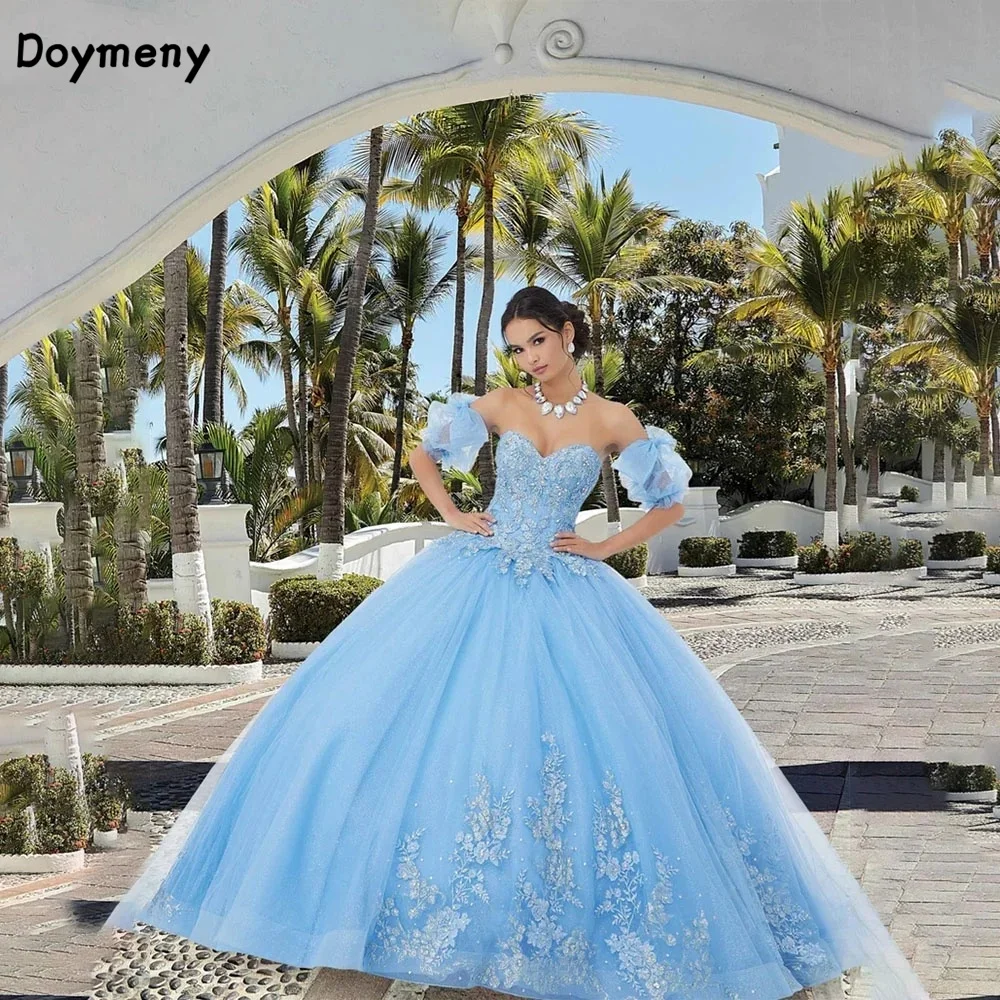 Doymeny Puffy Short Sleeves Quinceanera Dresses Sweetheart Appliques Sweep Ball Gown Sweet 16 Dress vestidos de 15 quinceañera