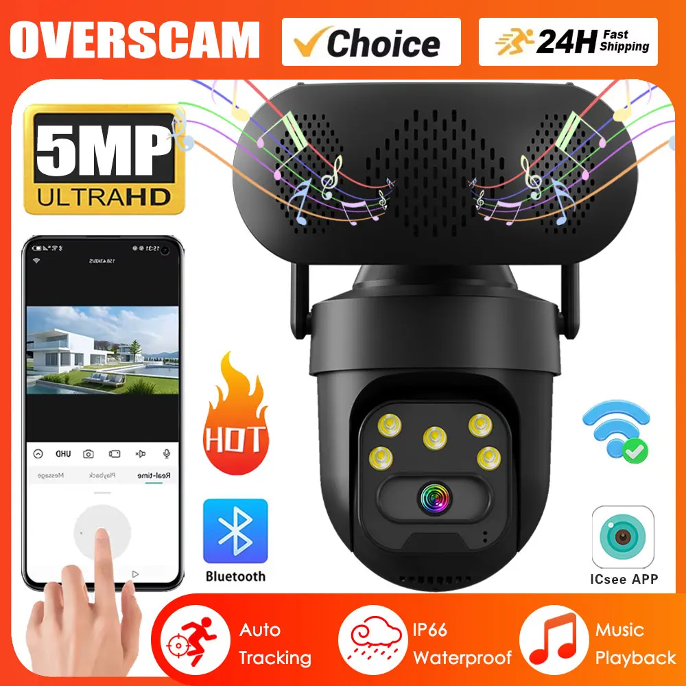 5MP UltraHD كاميرا الأمن في الهواء الطلق تتبع السيارات تشغيل الموسيقى بلوتوث واي فاي IP66 مقاوم للماء كاميرا مراقبة منزلية icsee
