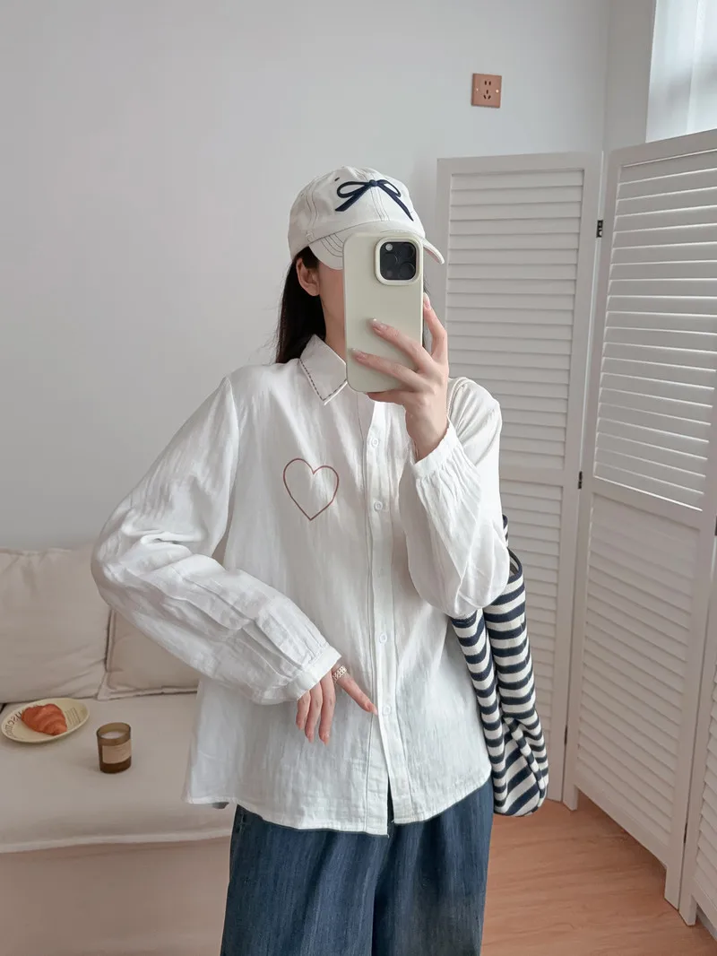 New 2025 Winter Cotton Yarn Long Sleeve Shirt, Women Turn-down Collar Embroidery, Mori Girl Age Reduction Loose Blouse T5N718CC