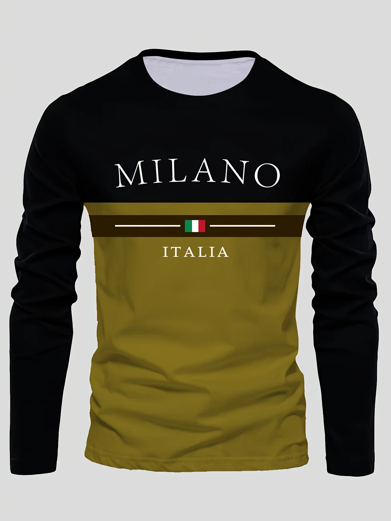 تي شيرت رجالي بأكمام طويلة مطبوع عليه ميلانو إيطاليا أسود بيج كتلة اللون، تصميم العلم الإيطالي، ملابس الشارع الشهير القطنية غير الرسمية #4
