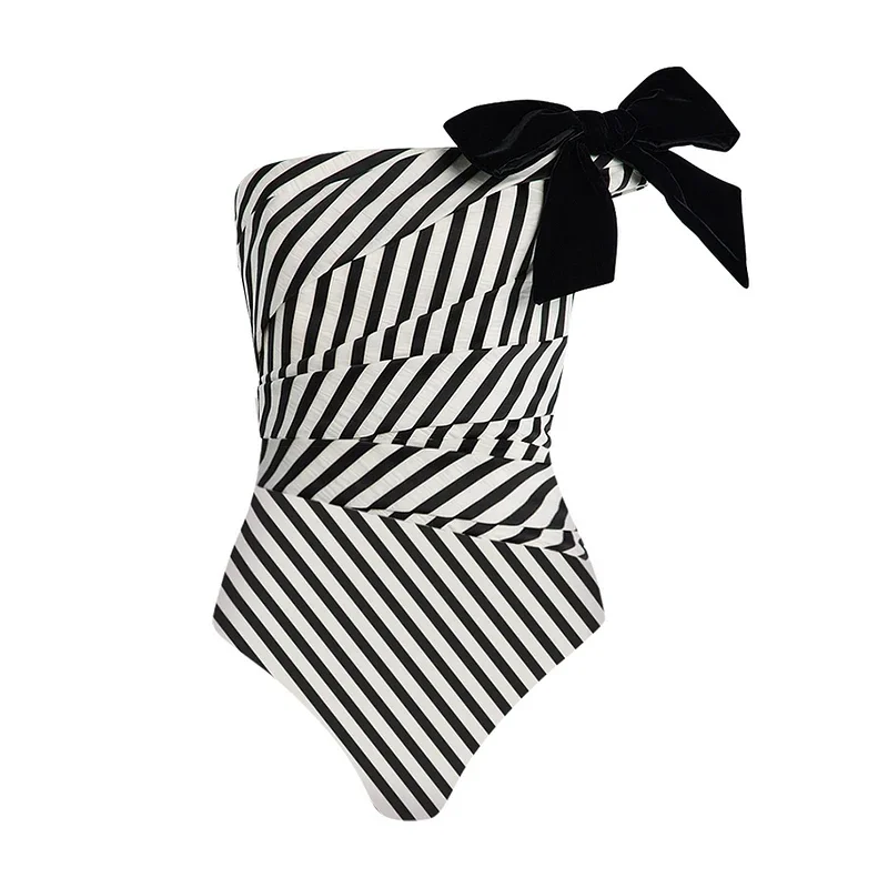 ملابس السباحة السوداء Flaxmaker النساء خمر Bowknot مخطط ملابس السباحة مع تنورة ميدي رفع بيكيني Biquini ثوب السباحة ارتداءها