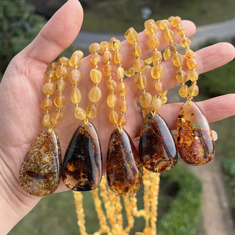 15 Colors Original Amber Necklaces New Natural Stone Genuine Beans Beads Drop Floral Pendant Women Trendy Unique Fine Jewelry