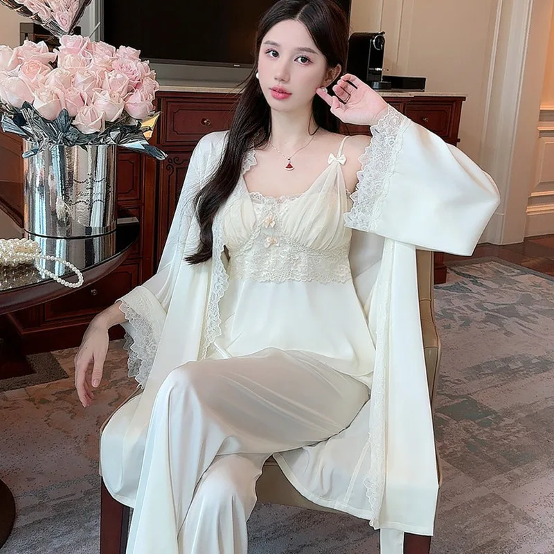 

3PCS Pajamas Set Spring Summer Women Sleepwear Kimono Bathrobe Lingerie Court Style Lace Pijamas Suit Home Wear Nightsuits