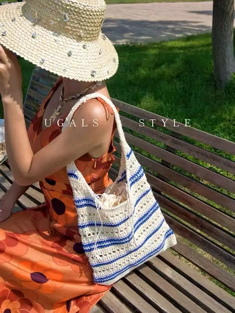 Fashion Cotton Thread Knitted Shoulder Bag Large Capacity Tote Bag Women Handbag Holiday Vacation Travel Bag Female Casual Bag