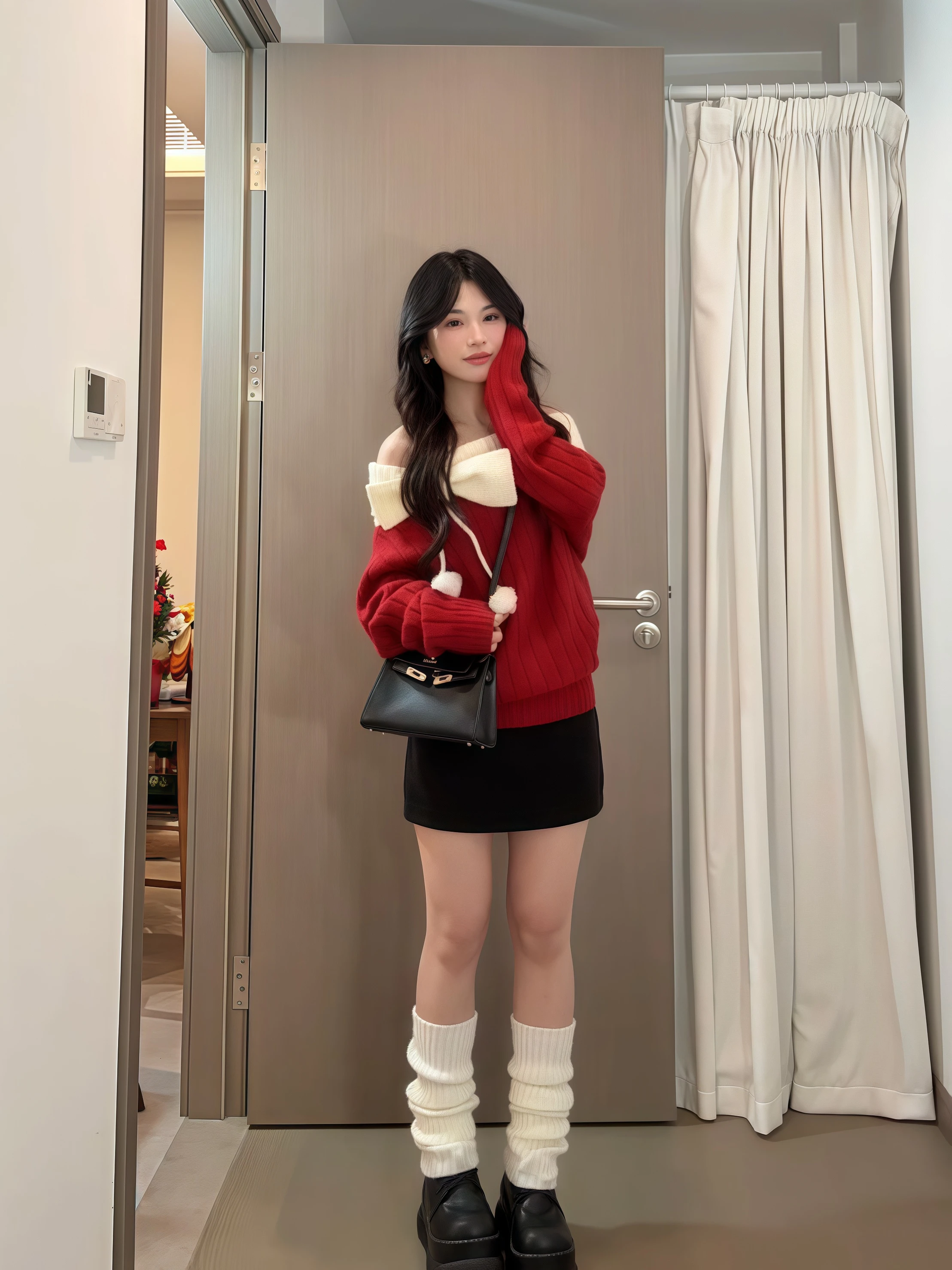 Rote One-Shoulder-Strickwaren mit Knoten, weiches, gemütliches Damen-Herbst-Winter-Faion, einzigartiges Oberteil für Neujahrsoutfit