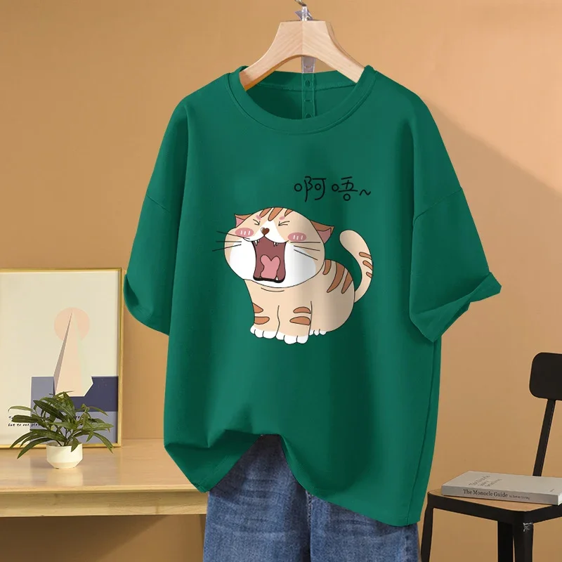 EBAIHUI 100% Cotton L-5XL Plus Size T Shirt Cat Print O Neck Tshirt Short Sleeve Women Top Basic Summer Couple Solid T Shirts