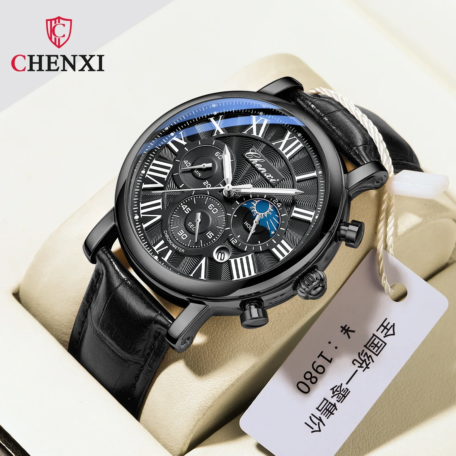 CHENXI 973 Multi-function Business Moon Phase Date Waterproof Rome Analog Imported Men Wristwatch Dial Quartz Leather Watches