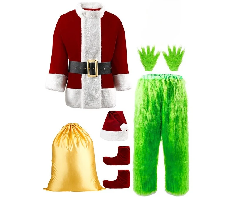 

Christmas Green Santa Costume Adult Deluxe Furry Santa Costumes Halloween Cosplay Outfit for Men Performance Suit Gloves