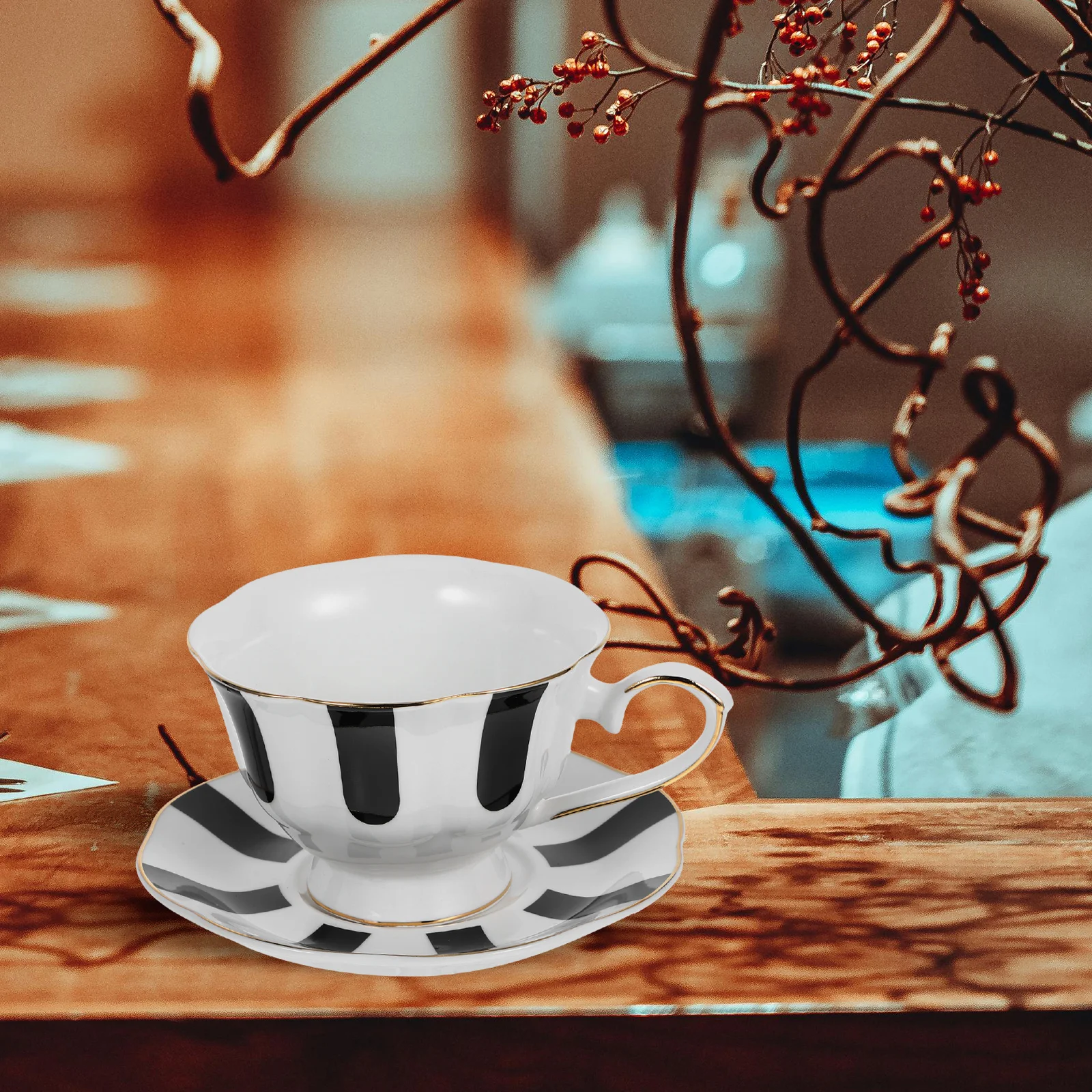 

1Set Black Ceramic Coffee Cup with Saucer Retro Chinese Style Tea Cup Set Dishwasher Safe Water Container for Daily Use