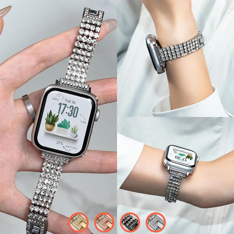

Металлический ремешок с бриллиантами для Apple Watch 10, ремешок 42 мм, 41 мм, 46 мм, 44/49 мм, 45 мм, 40 мм, женский ремень-браслет iWatch Series 9 8 7 Se 6 Ultra