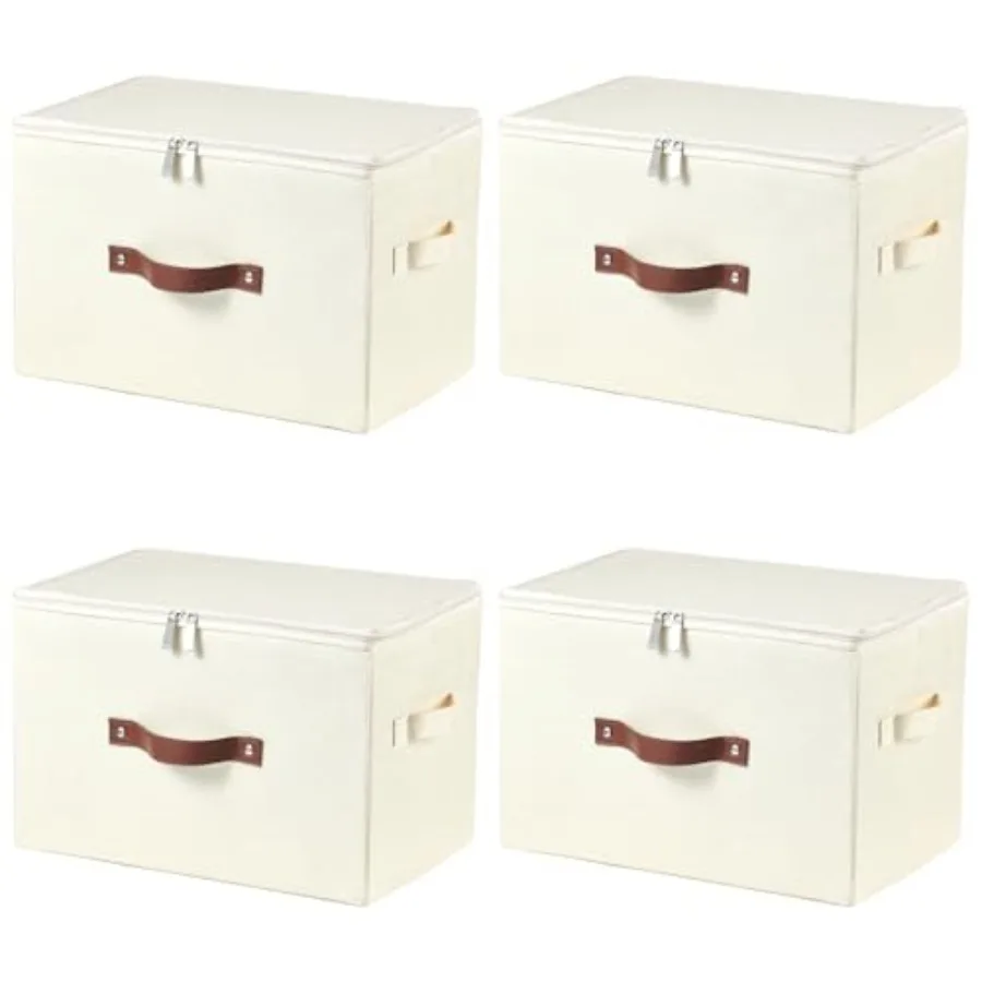 

4 Pack Storage Bins with Zipper Lid Cotton Linen Fabric Lidded Storage Baskets Boxes Foldable Washable Closet Shelf Clothes Org