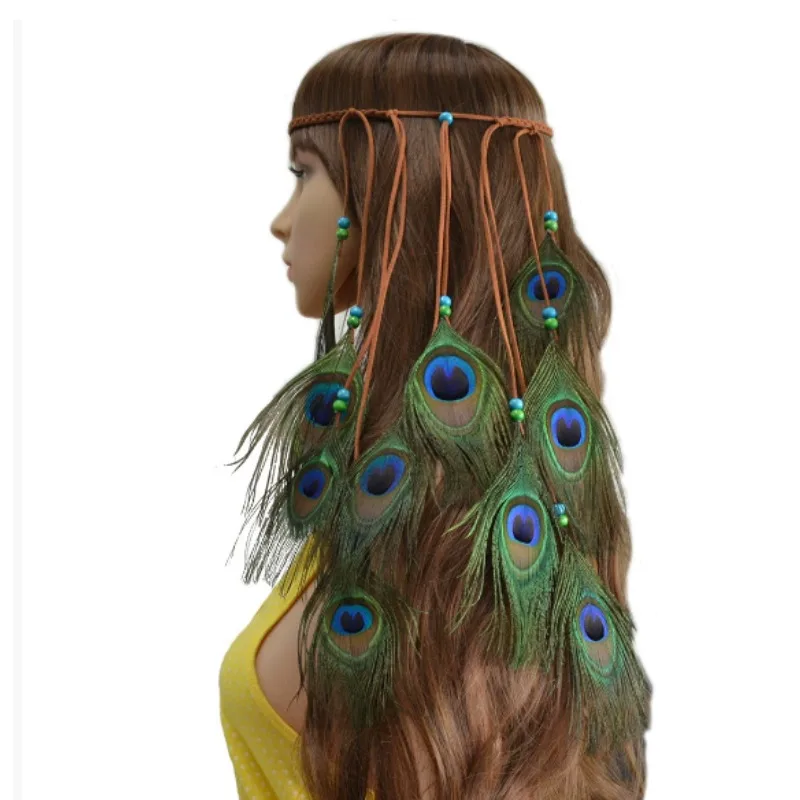 Boho Peacock Feather Headband For Women Festival Hair Accessories Turban Ladies Hairbands