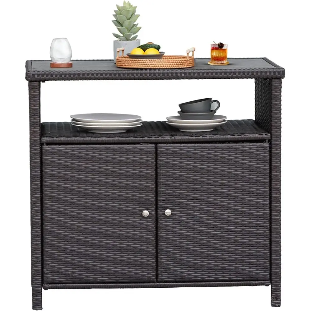 

Outdoor Waterproof Wicker Storage Cabinet with Patio Bar Table, Two Doors and Shelves, Ideal for Garden, Kitchen, or Pool in Bro