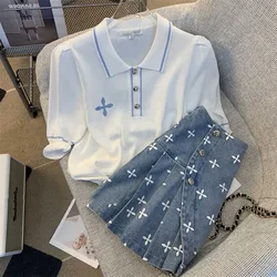 Women High Quality Summer 2-piece Set O-Neck Black Short Sleeve Knit Tops+Blue Printed Denim Mini Skirt Suit Female Outfits