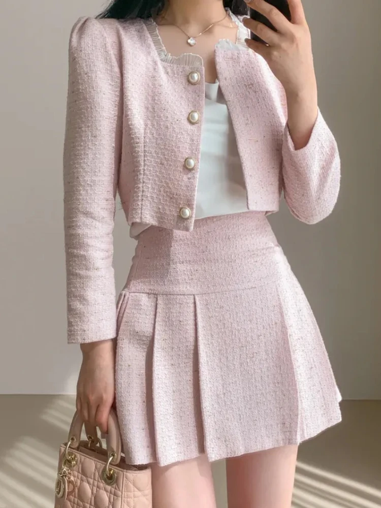 Fashion Korea Elegant Tweed Small Fragrance Short Jacket Cropped Coats + High Waist Mini Skirts Suits Slim Women Two Piece Sets