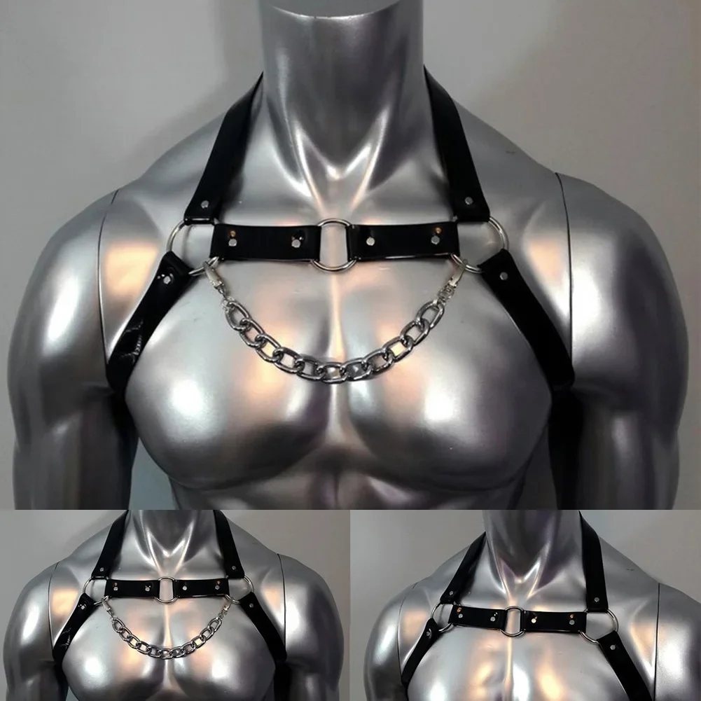 Men\'s Gothic Leather Chest Harness  Sexy Strappy Clubwear Costume  PU Body Straps Lingerie  Interest Buckles Detail