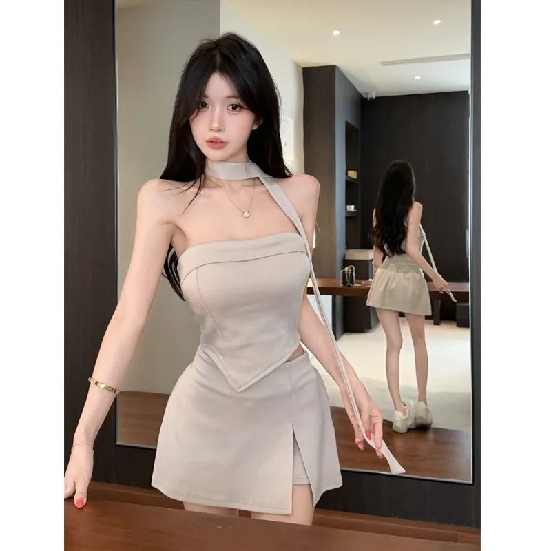 

Shoulder Bared Pure Desire Spicy Girl Draped Tube Top Vest Top Split Shorts Skirt Two Piece Set with Chest Pad Fashionable Su...