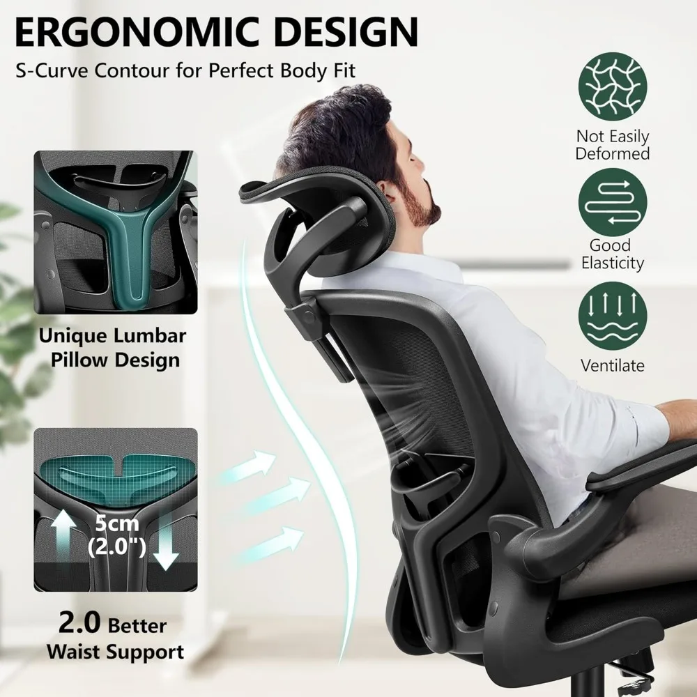 Ergonomic High-Back Office Chair with Headrest, Adjustable Lumbar Support and Wheels for Executive Use