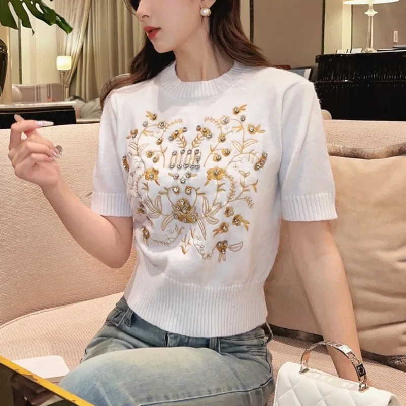 Embroidered Short sleeved Knitted Shirt for Women Spring autumn 2024 New Round Neck Half sleeved Sweater Jumpers Knitwear