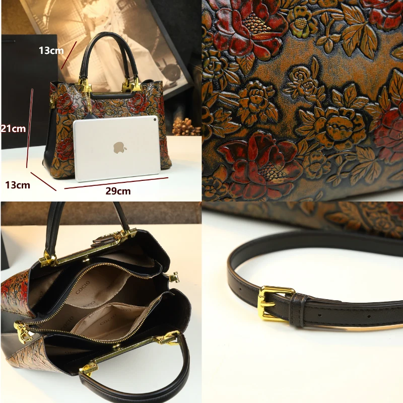 Torebki damskie Vintage z prawdziwej skóry eleganckie torba damska Tote modne kwiaty torba na ramię Crossbody mamy przenośne torby podmiejskie