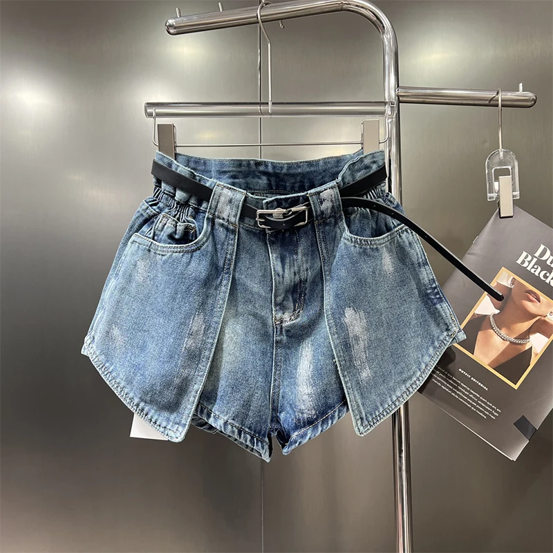 

Women's Elastic Bud Denim Shorts High Waist Pocket Loose Wide Leg Jeans Pants Streetwear Casual Summer Fashion Short Pants