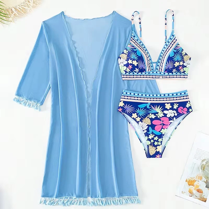 

Blue New print bikini three-piece swimsuit mesh sunscreen beach skirt swimming costume women's bikini