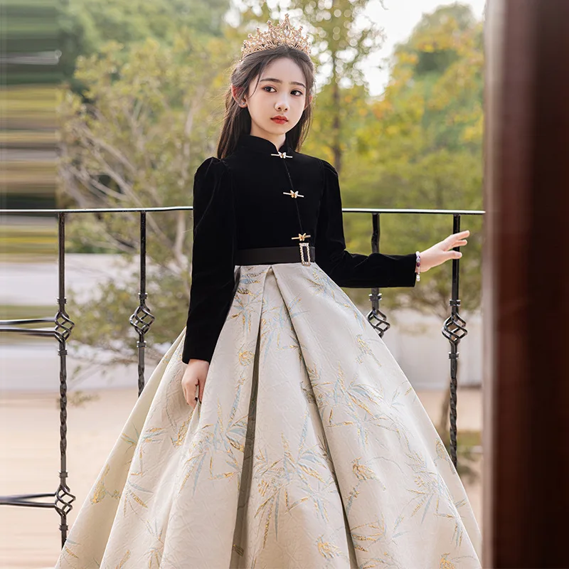 

Flower Girl Wedding Party Dresses Bow Black Girls Princess Dress High Collar Long Sleeve Long Gown A-line Prom Gowns Customize
