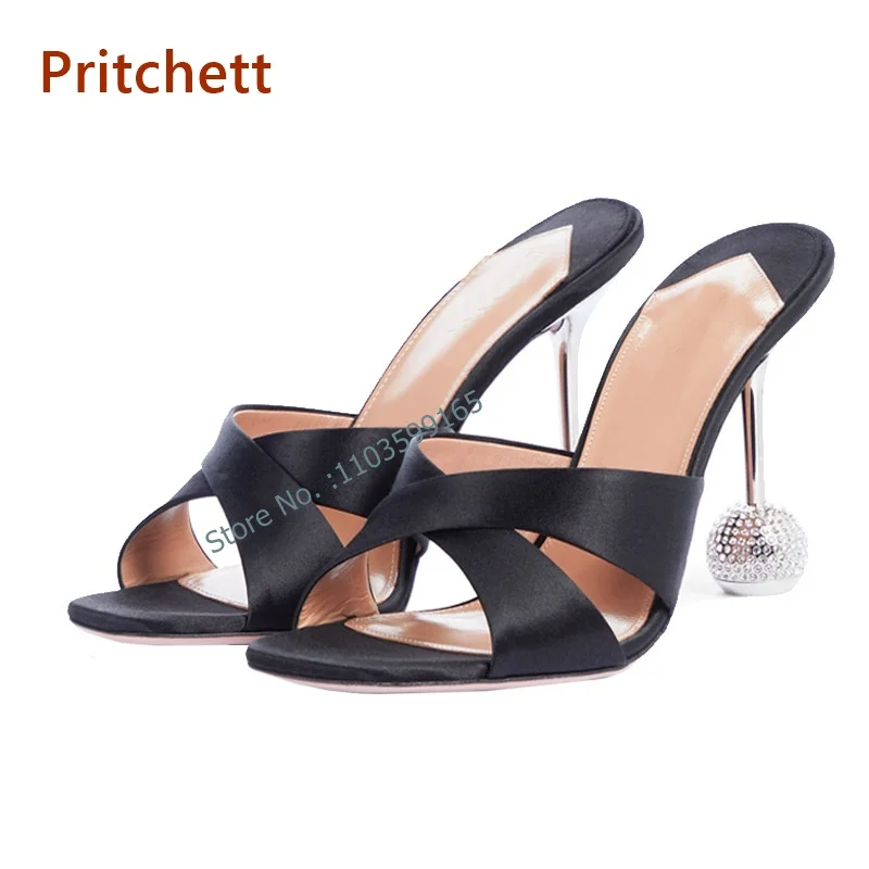 

Glittering Ball Solid Sandals Peep Toe Thin Heel Cross Band Slip On Women's Shoes Black Nude Out Door Stiletto Slippers Summer