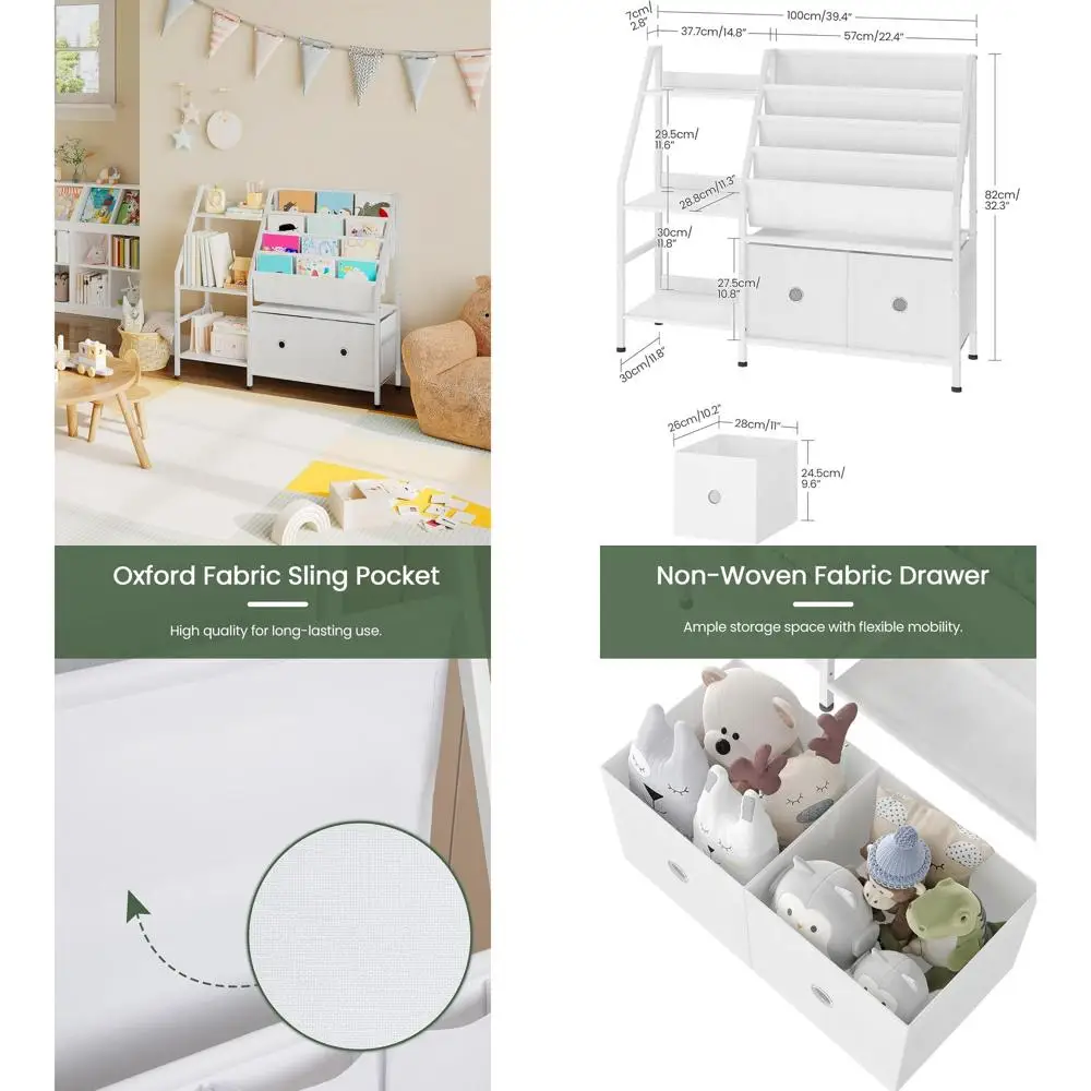 

39.4" Kids Bookshelf, Book Shelf for Kids Room, Sling Bookcase with 3-Tier Toy Storage Shelf and 2 Drawers, Children's Bookshelf