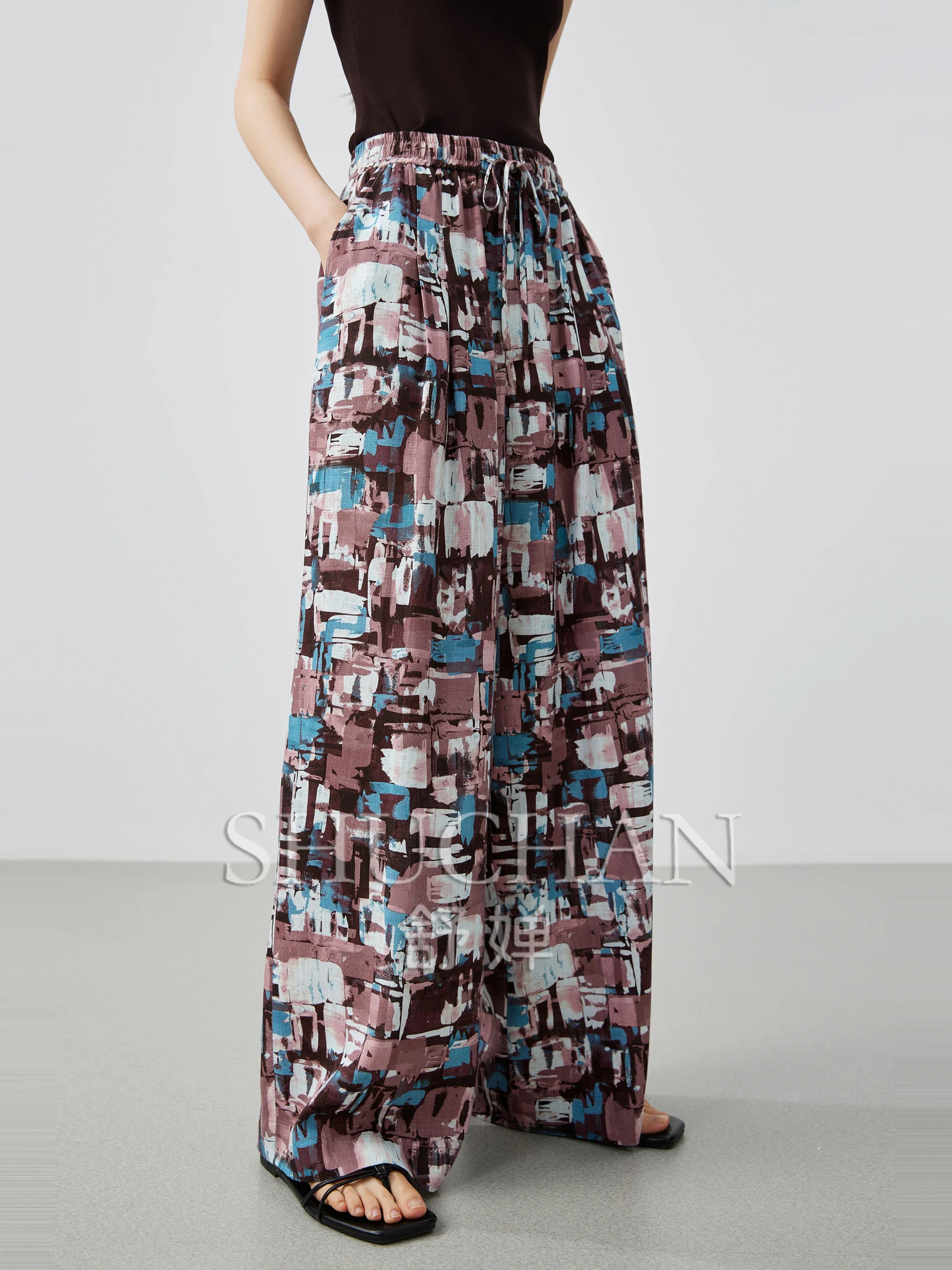 플랜트앤플라워스 2025 고품질, 해피 홀리데이, 통기성 좋은 린넨 밴딩 허리 캐주얼 와이드 팬츠 여성 25 여름