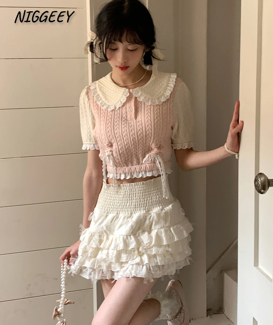 

NIGGEEY Cream Ballet Cake Skirt+Knitted Short Sleeve Top 2023 Summer Sweet Set