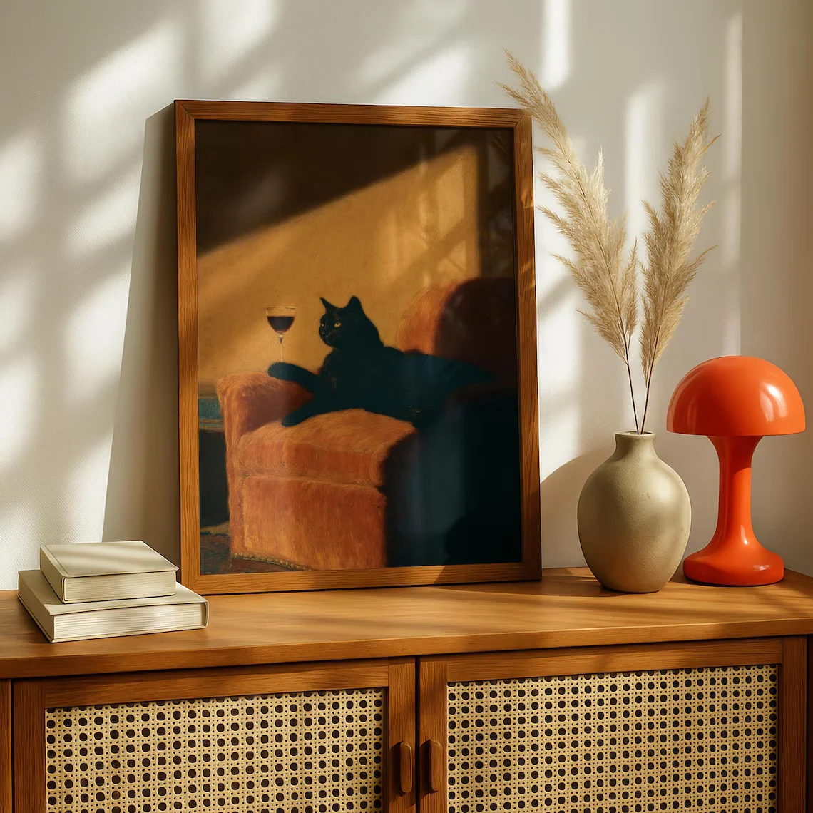 Black Cat with Wine Wall Print Decor - Cozy Oil Painting of a Black Cat Relaxing on an Orange Armchair with a Glass of Red Wine, image 4