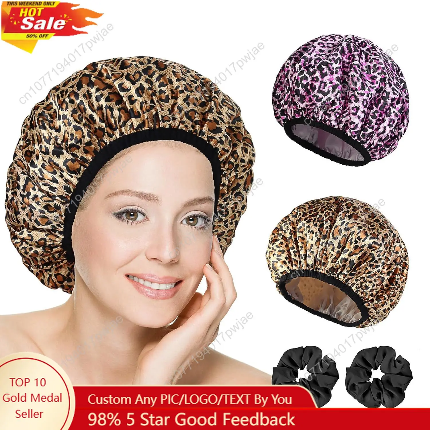 

2-Pack Reusable Waterproof Shower Caps for Women, Double-Layer Elastic Bath hat,Extra Large Hair Cap for Long Curly Hair（Leopard