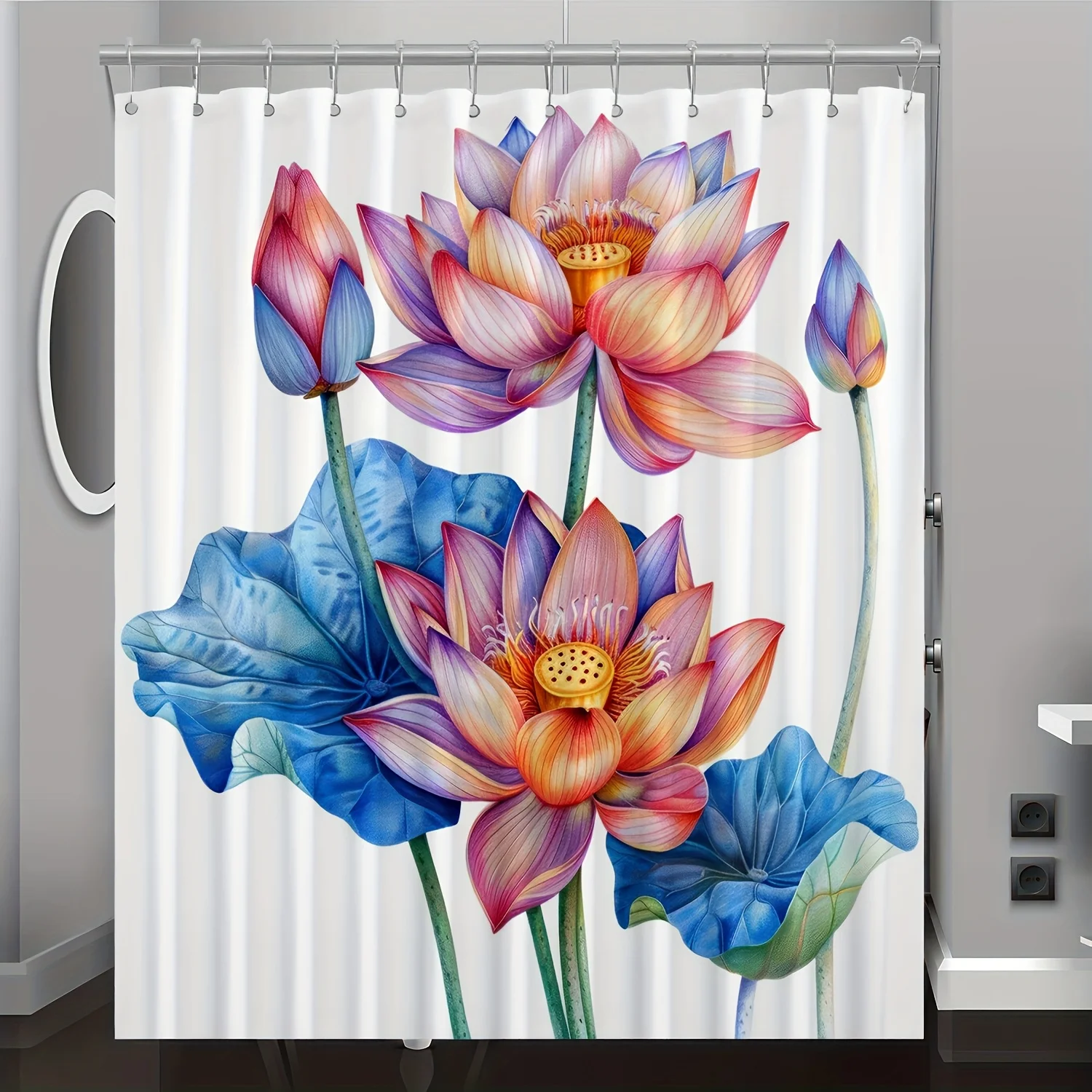 

1pc Lotus Pattern Digital Printed Shower Curtain, Bathroom Decoration for Home, Includes Hooks, Machine Washable, Suitable for