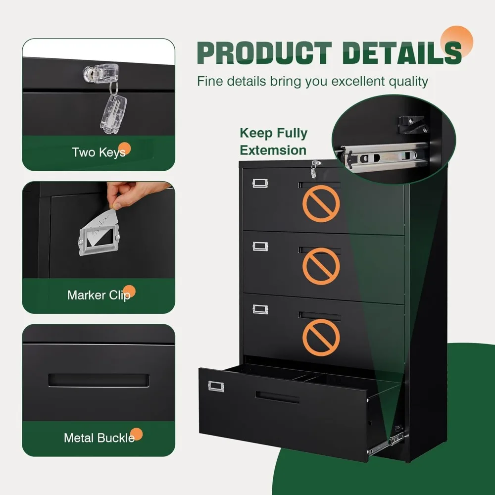 File Cabinets,4 Drawer Metal Lateral Filing Organization Storage Cabinets with Lock for Hanging Files Letter/Legal/F4/A4 Size