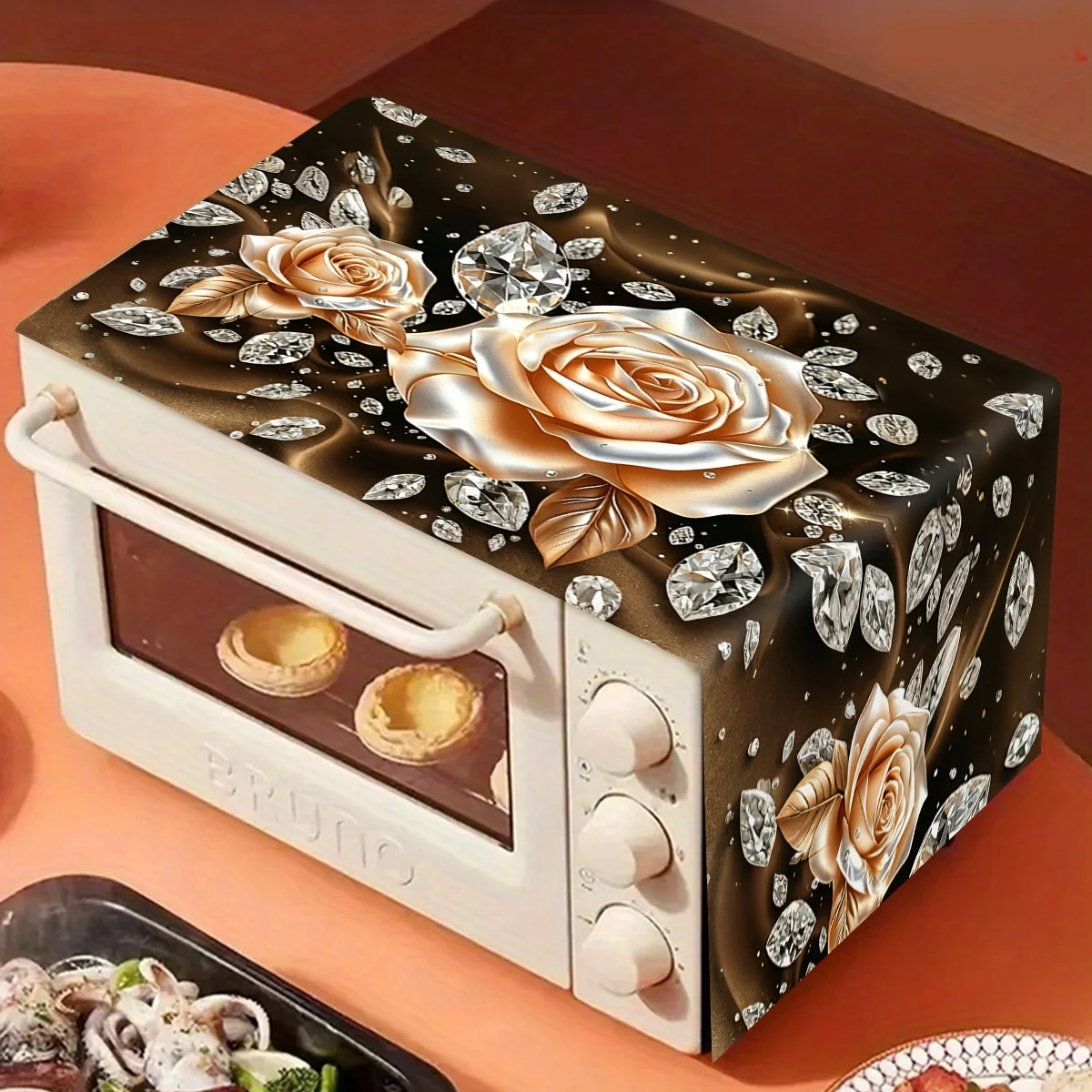 Microwave Oven Cover Champagne Rose Diamond Print 35x85cm Polyester Decorative Machine Protector Home Kitchen Household Decor