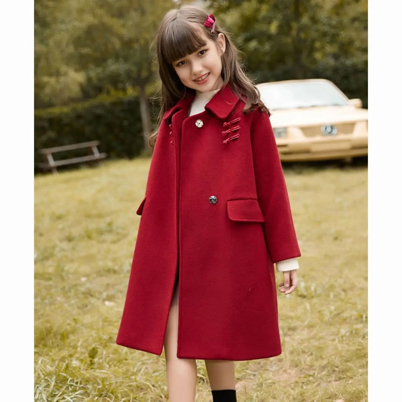 

120-170cm Girls' Woolen Coat Autumn Winter Chinese New Year Jacket Children's Red Medium length Woolen Coat