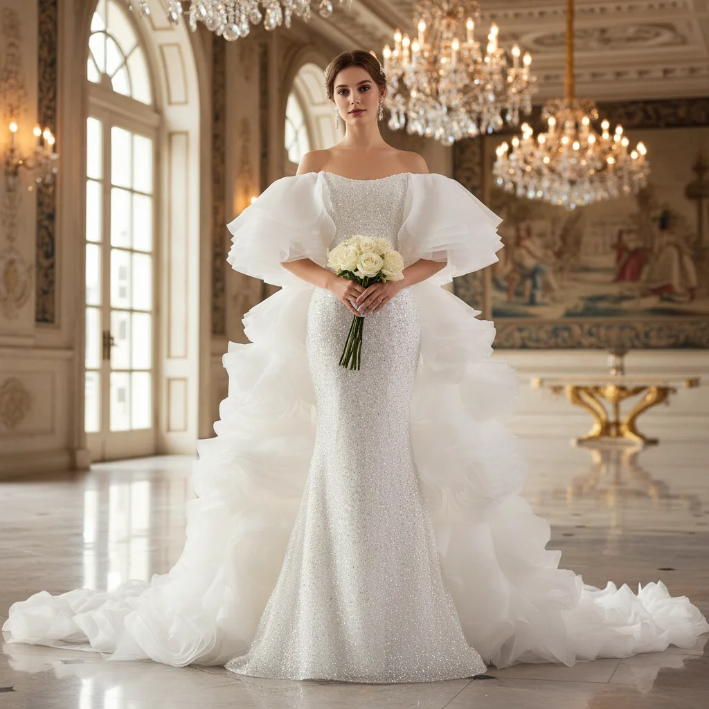 Unique Design Sparkly Convertible Wedding Dress with Cape Train Elegant Bridal Gown amandanovias