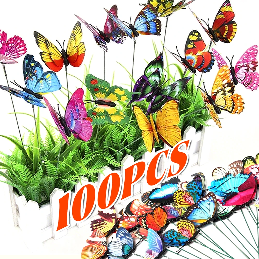 

10/100 шт. колья-бабочки 3D искусственные красочные бабочки украшения кол вечерние сад патио двор растение цветочный горшок пластик