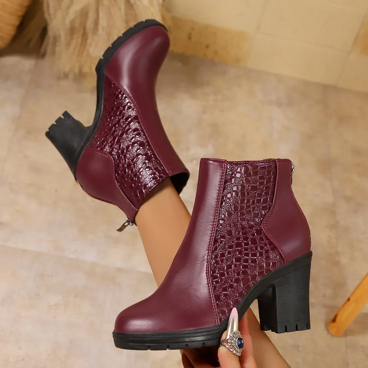 Neue Stiefeletten für Damen, 2025, Herbst, dicker Absatz, kurze Stiefel mit hohen Absätzen und Reißverschluss-Spleißen, modische kurze Stiefel in Übergröße – Detail 16