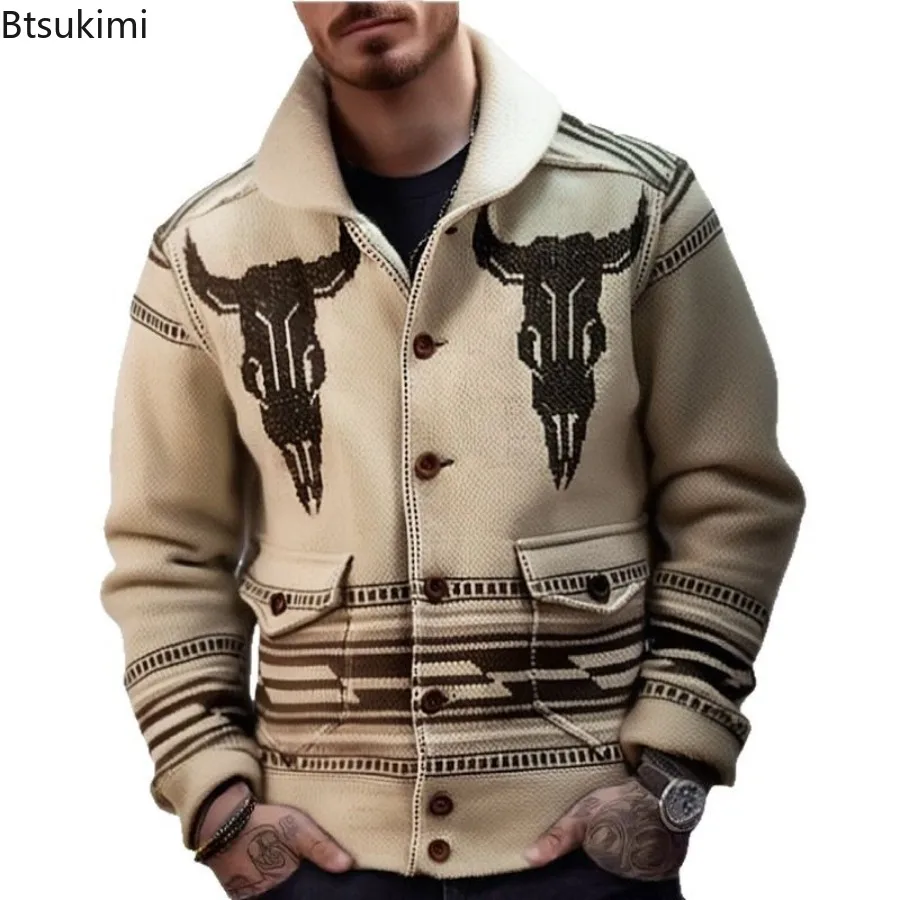2025 Men's Long Sleeve Knitted Sweaters Autumn Winter Vintage Jacquard Lapel Button-up Cardigan Men Knitwear Casual Sweater Coat